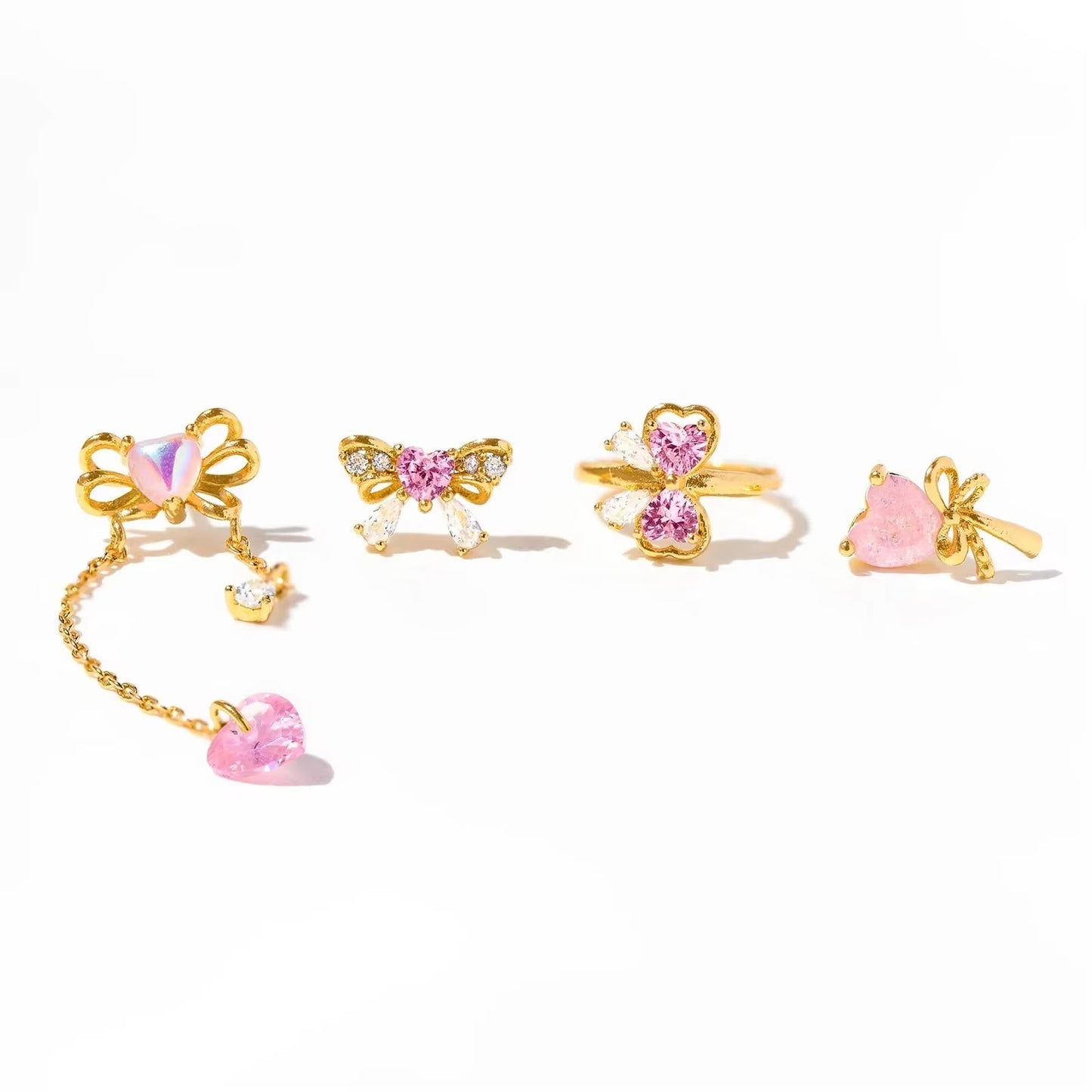 STJ03D Rosette Bow Gold Heart Jewelry Set 4 piece Set 18k gold copper plated