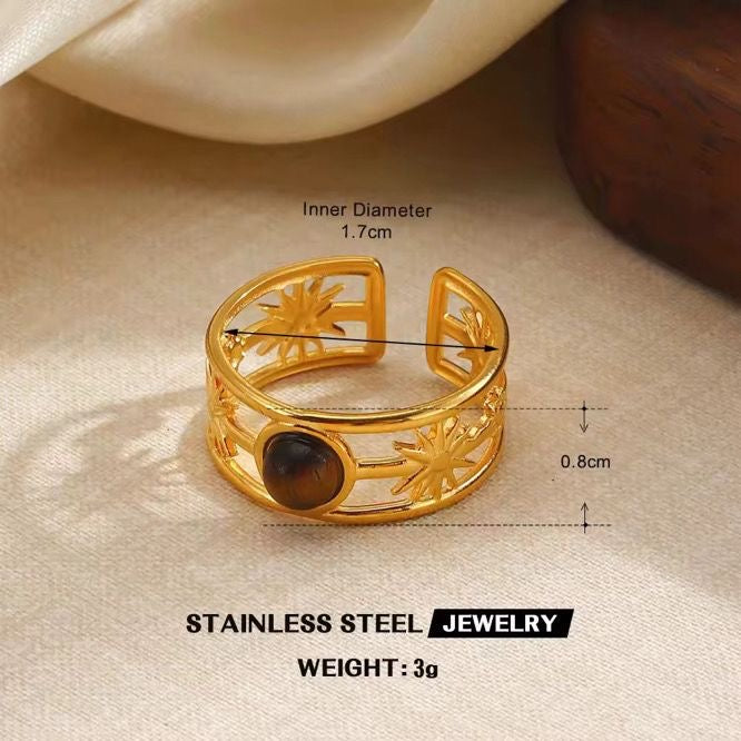 RSJ14E Tiger stone adjustable rings - 18k Gold PVD plated stainless steel - Anti tarnish