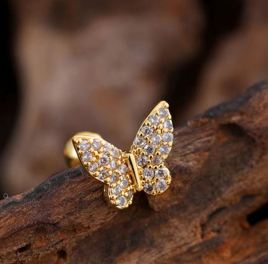 SJ 559 Butterfly Zircon Cartilage 2nd piercing stud ( 1 pc ) -18k Gold PVD plated stainless steel - Anti tarnish