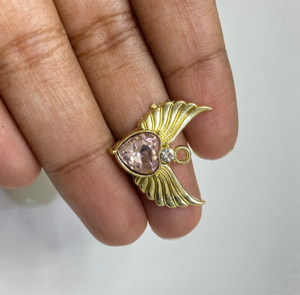 SS 438 light pink heart with wings gold plated charm