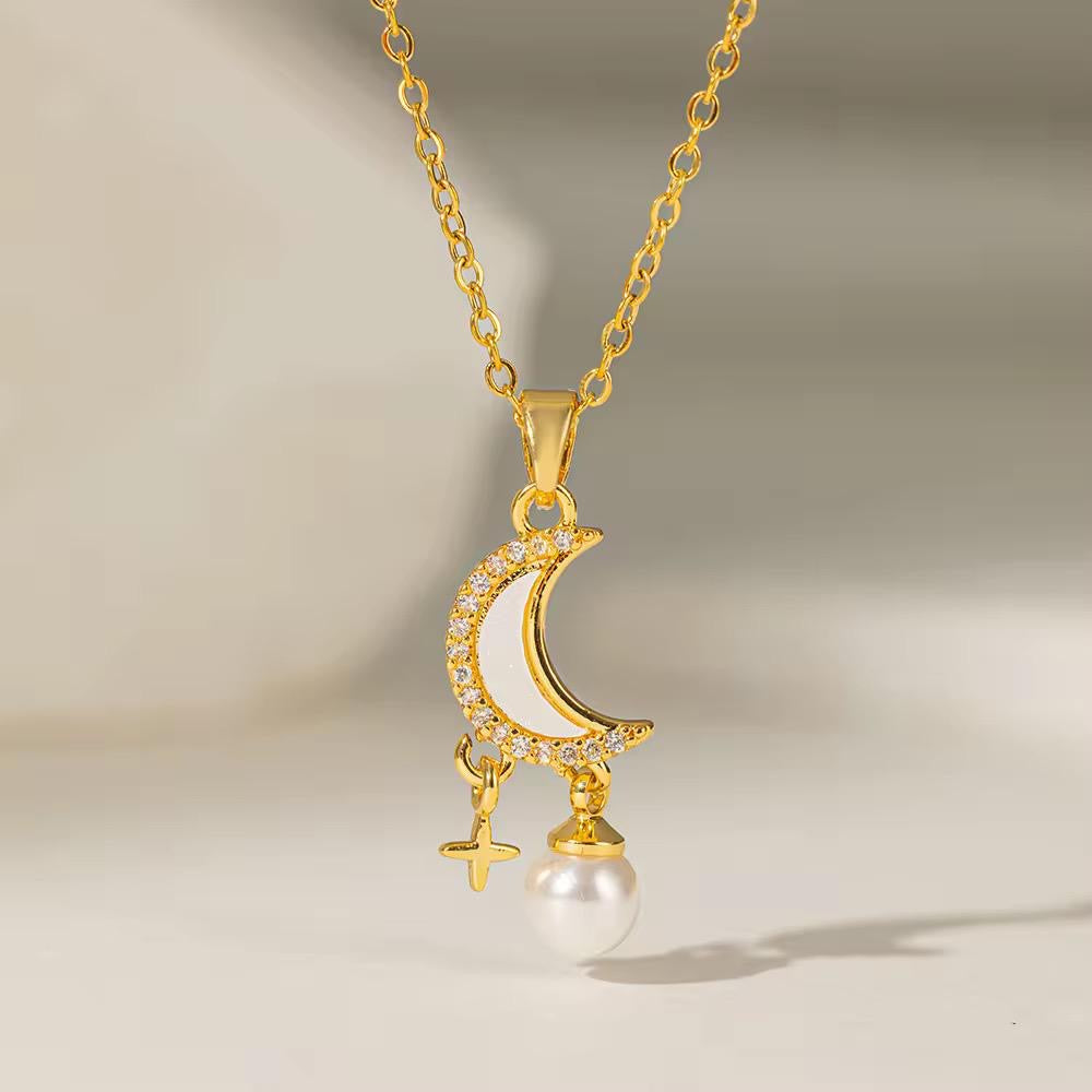NSJ21C MOON ,SPARKLE & Peral Zircon Necklace - 18k Gold PVD plated 316 stainless steel - Anti tarnish
