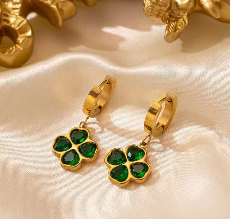 ESJ28C green ZIRCON floral hoop Earrings - 18k Gold PVD plated