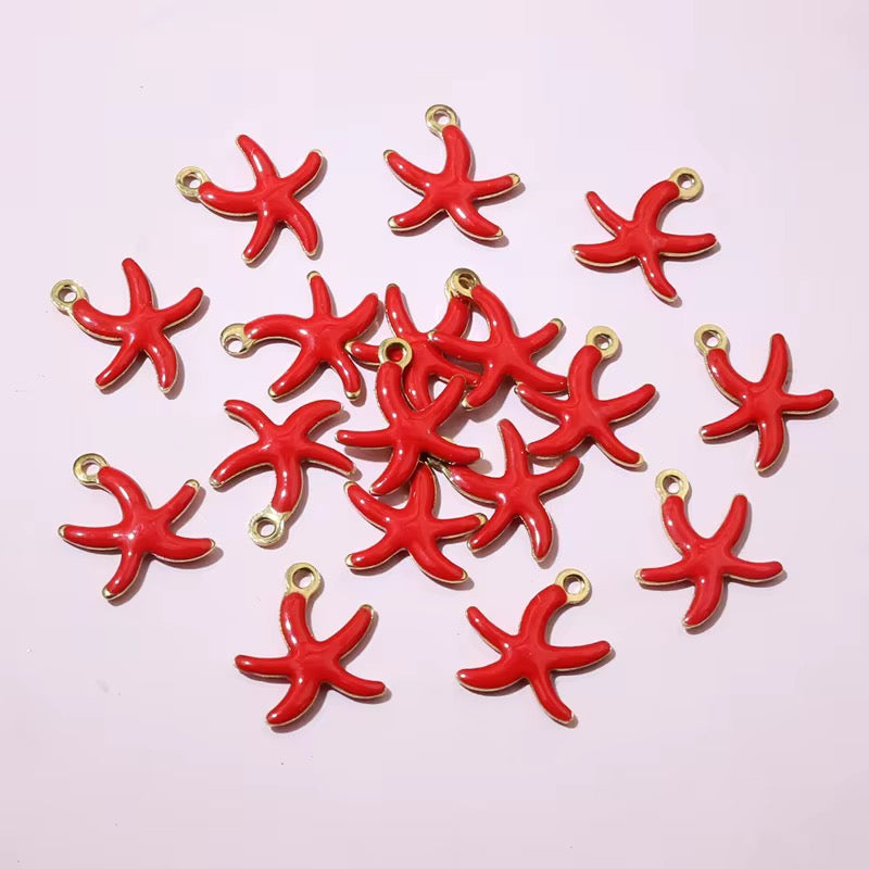 BBB 245 (d) Red Star fish Enamel Tiny Charm 18K Gold PVD plated stainless steel ( 1 piece ) Anti tarnish ( 10.5:10 mm )