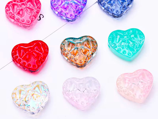 GB 2151 Green bow engraved heart glass bead ( 1 pc )