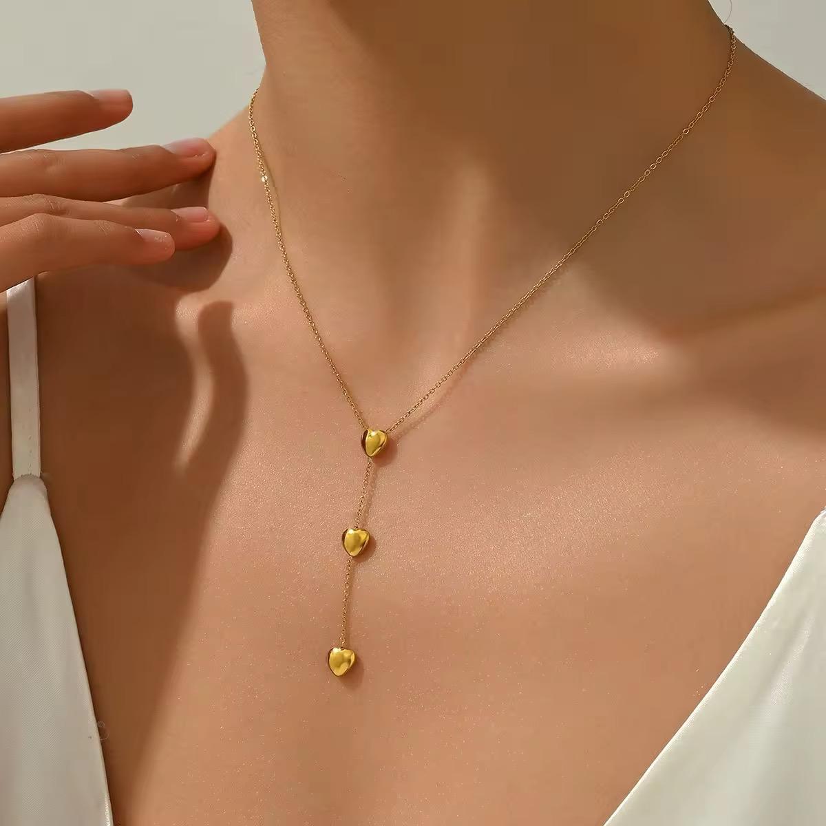 NSJ44A Triple Heart Y-Drop Necklace 18k Gold PVD plated