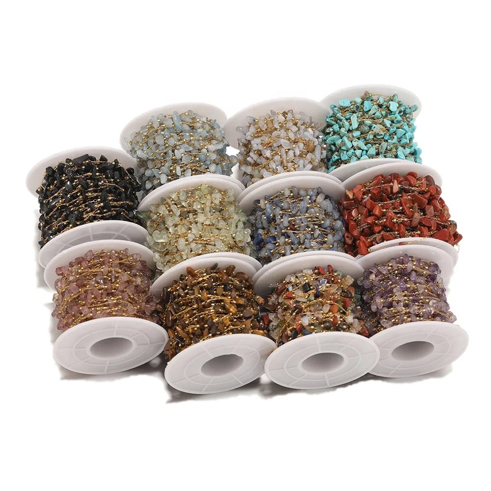 CN 224 Polychromatic gemstone crystal gold Stainless steel chain ( 1 feet )Anti tarnish