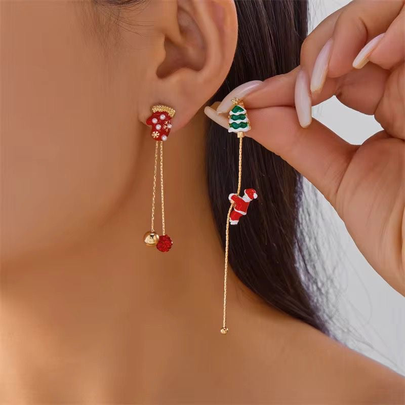 ESJ08D Christmas Cute Movable Sandra Claus Tassel Earring - 18k Gold plated Alloy - Anti tarnish