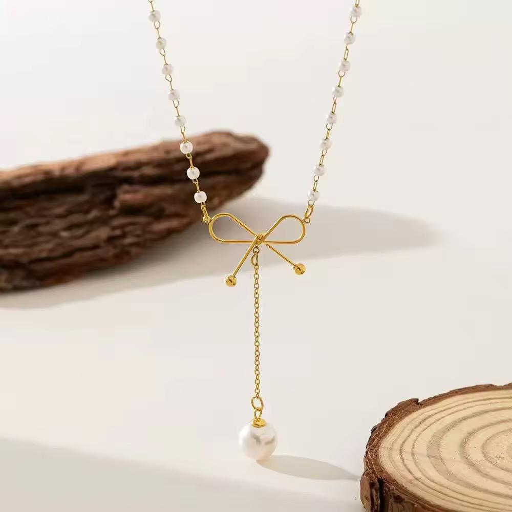 NSJ46B Bow pearl drop Necklace 18k Gold PVD plated