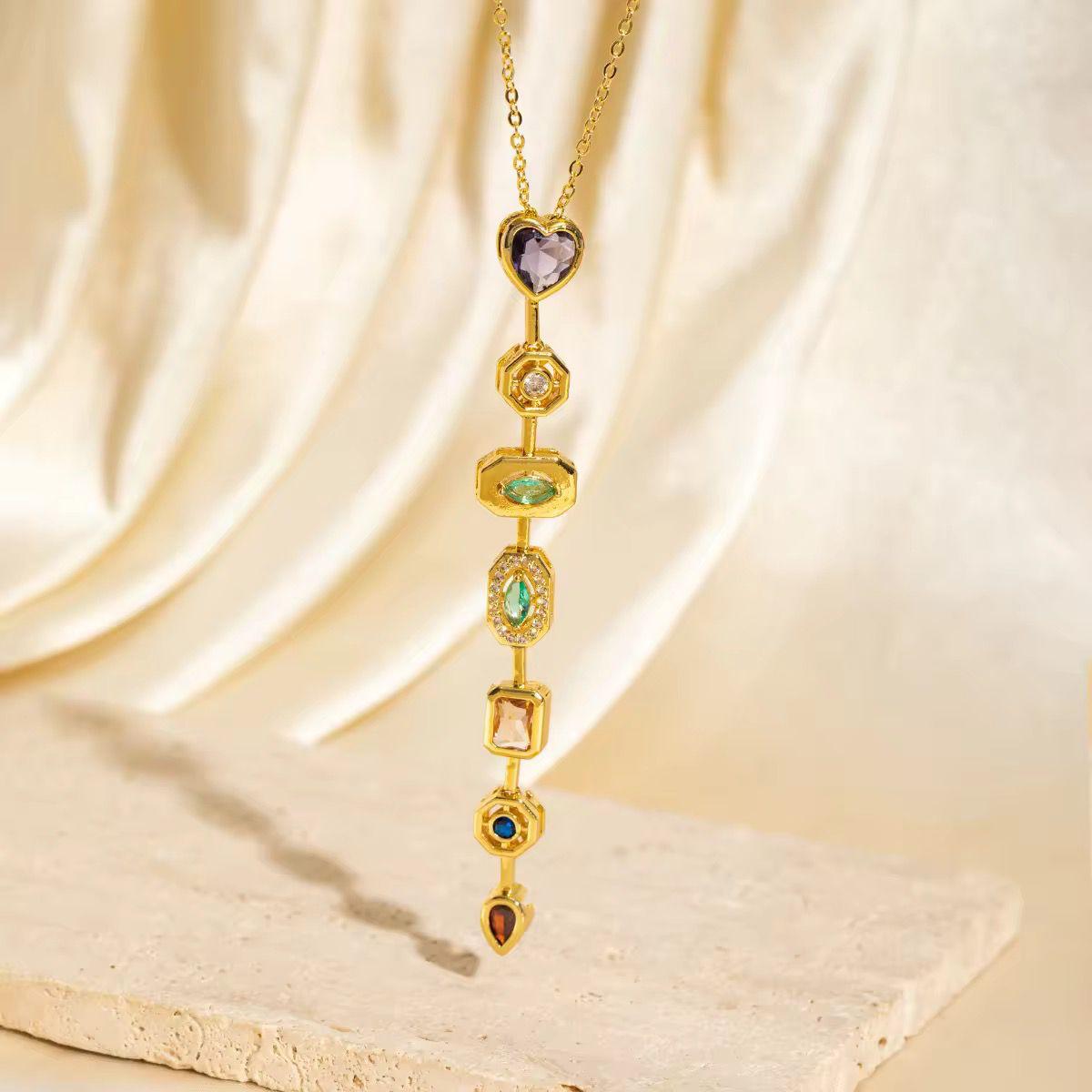 NSJ32F Purple zircon heart colorful Necklace - 18k Gold PVD plated