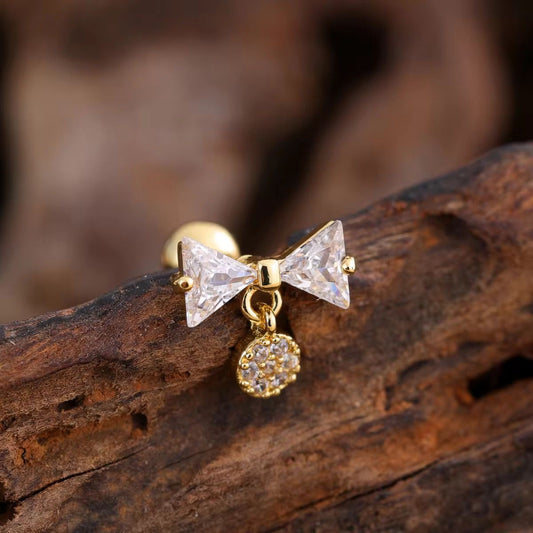 SJ 550 Bow drop Zircon Cartilage 2nd piercing stud ( 1 pc )- 18k Gold PVD plated stainless steel - Anti tarnish