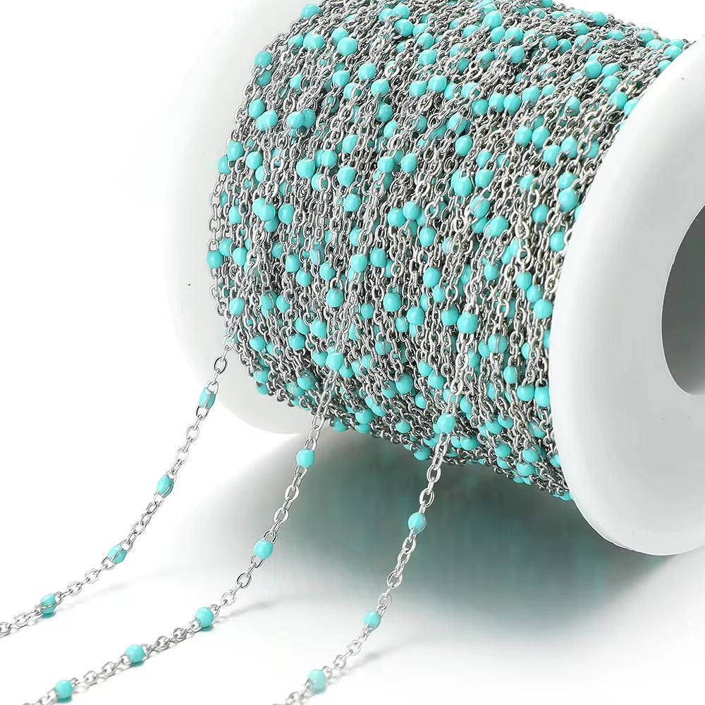 CN 357 Light Blue Beaded Silver plated 316 Stainless steel chain ( 1 feet ) Anti tarnish