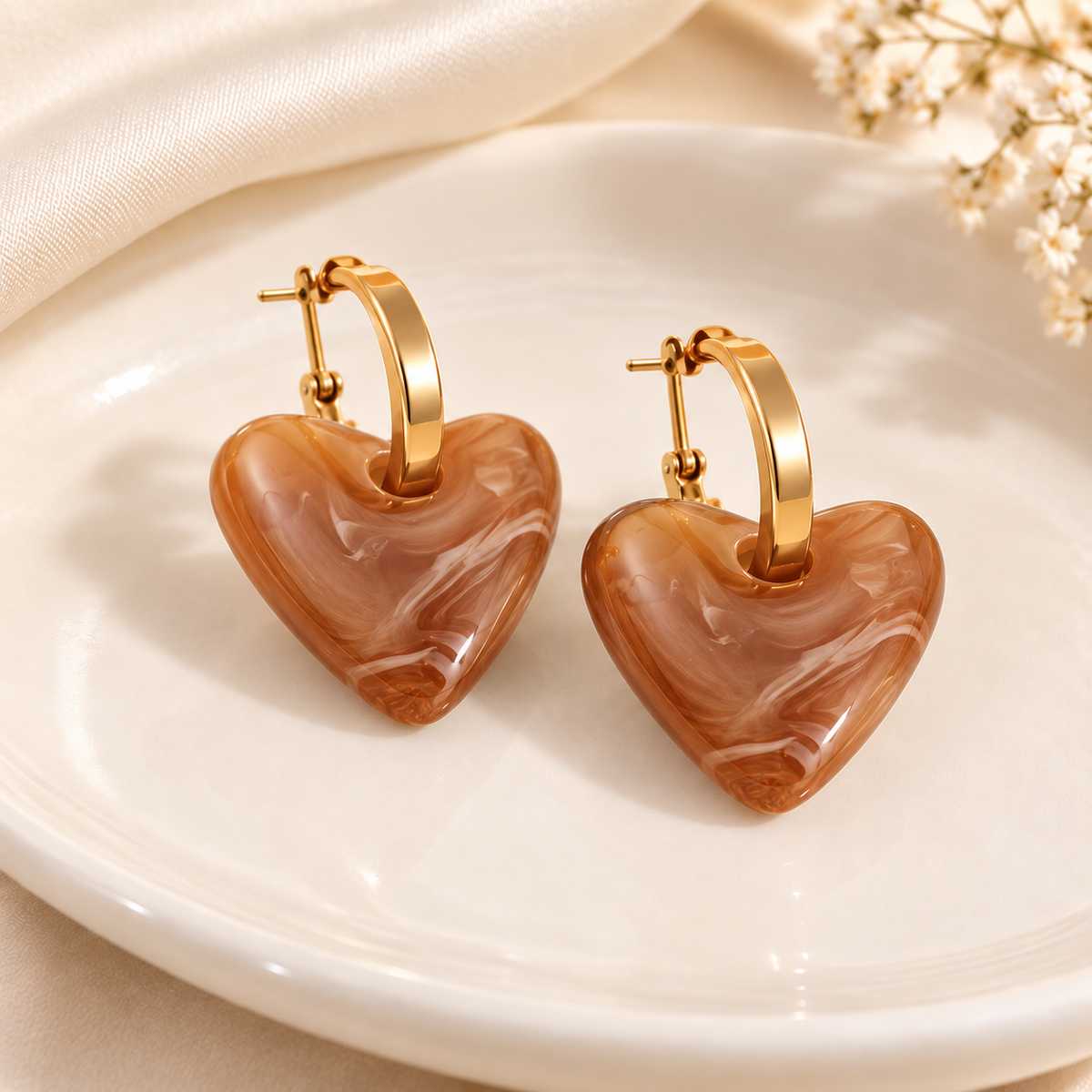 ESJ30C Latte Marble Heart Hoops 18k Gold PVD plated