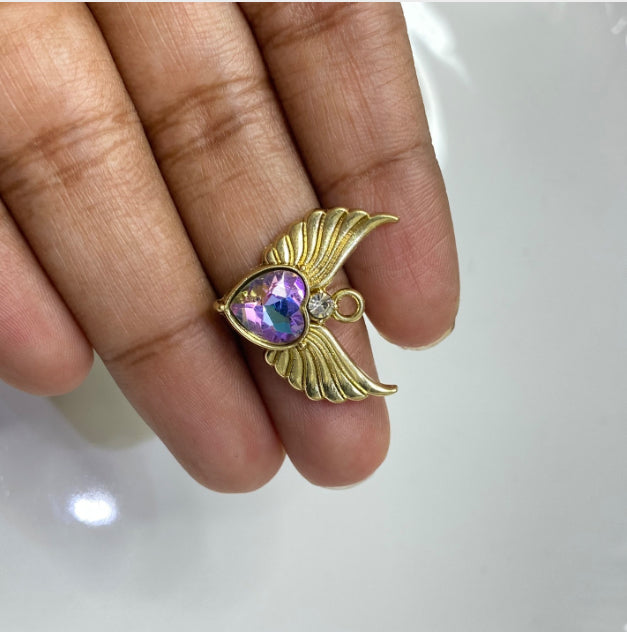 SS 436 PURPLE holographic heart with wings gold plated charm
