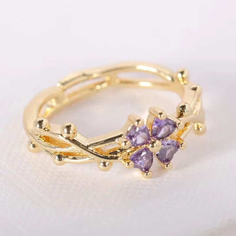 SJ 608 Purple Clover flower zircon 18k Gold plated Ring adjustable - gold plated Brass - Anti tarnish