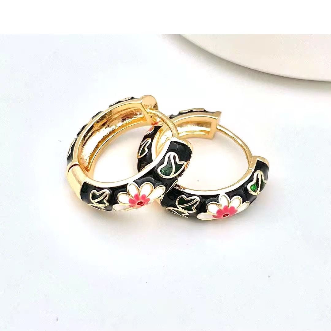 GP 23 Floral Vintage Enamel Gold plated Hoops - Anti tarnish