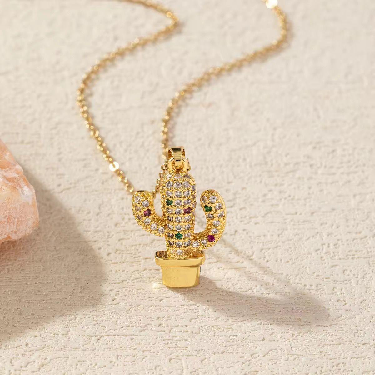NSJ31D Zircon Cactus Necklace - 18k Gold PVD plated