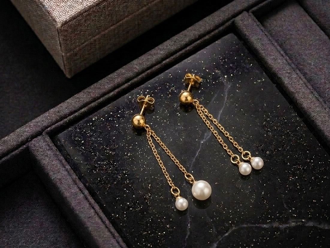 ESJ21C Pearl thread EARRING - 18K GOLD PVD plated 316 stainless steel - Anti tarnish