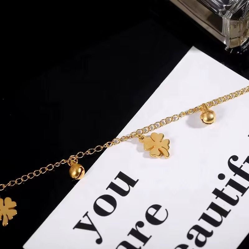 SJ 709 Korean Style Clover Leaf Bell Dangling Anklet - 18k Gold PVD plated stainless steel - Anti tarnish