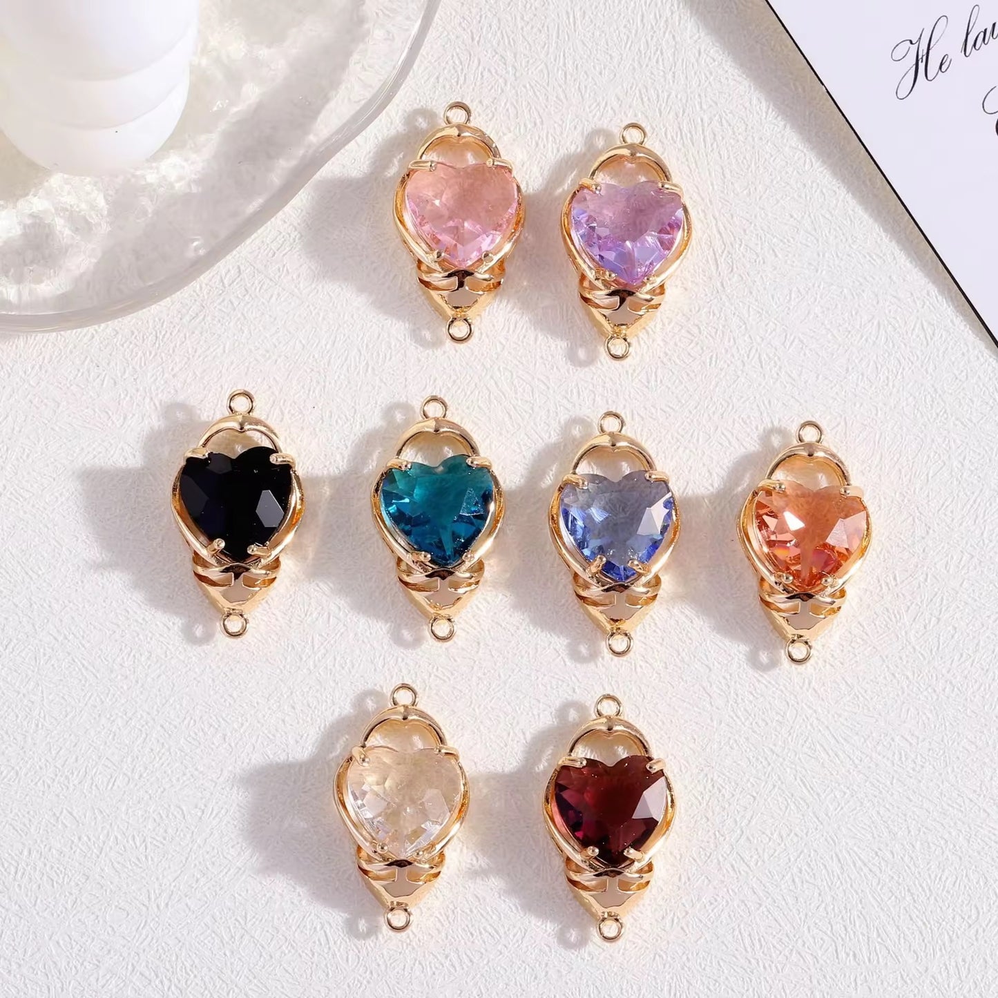 BBB 203 (C) Sea Blue Heart zircon pendant double loop CZ connector 14k gold plated ( 1 pc ) Anti tarnish