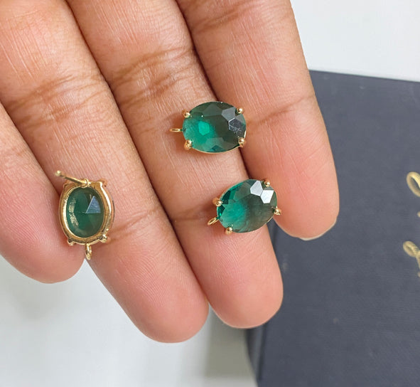 SS 544 green oval zircon crystal gold plated stud - anti tarnish