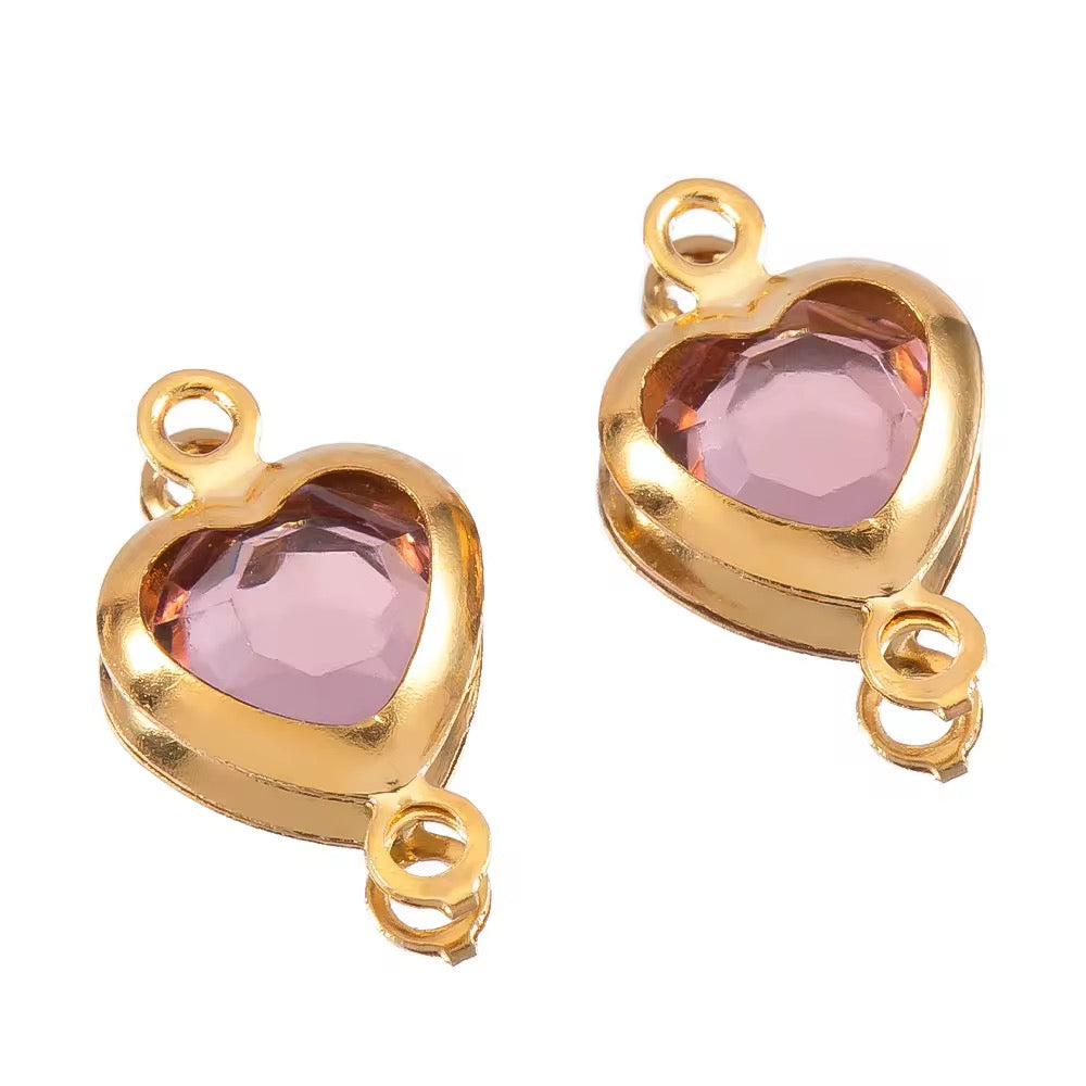 SS 2718 Pink Heart Zircon Double loop connector - 18k Gold plated 316 stainless steel ( 1 pc ) Anti tarnish ( 7.5 * 12 mm )
