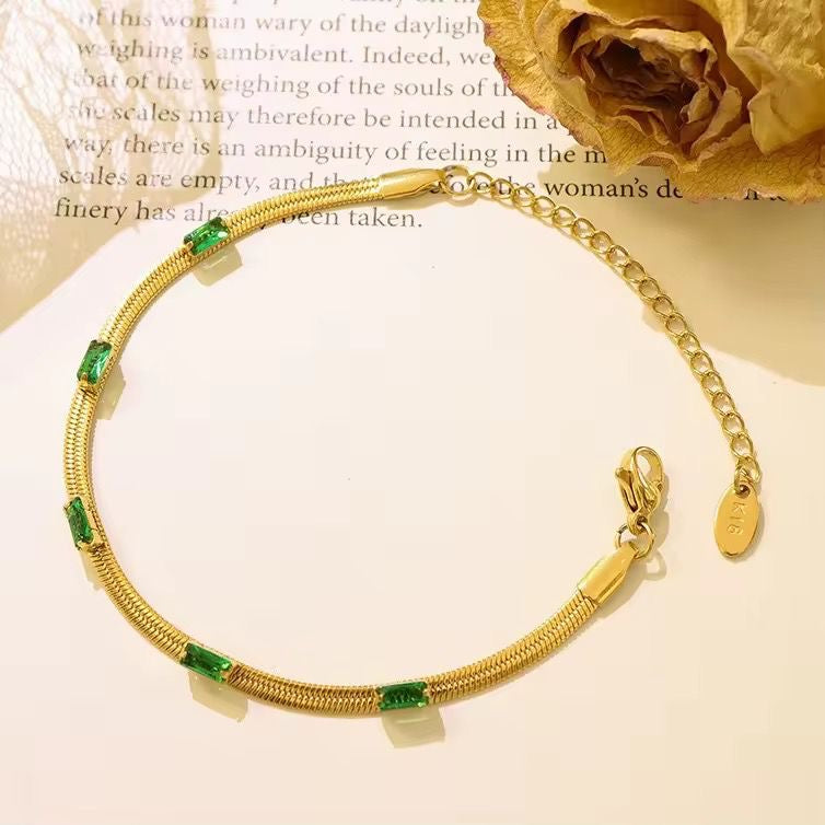 SJ 738 Emerald Zircon Snake chain dainty Bracelet - 18k Gold PVD plated stainless steel - Anti tarnish