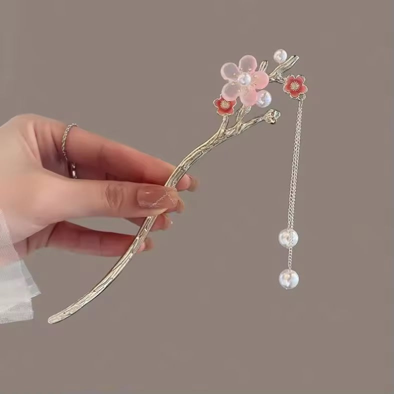 HA 21 Pink Floral Hair Stick with Dangling Tassel Drop - Retro korean Style ( 1 pc )