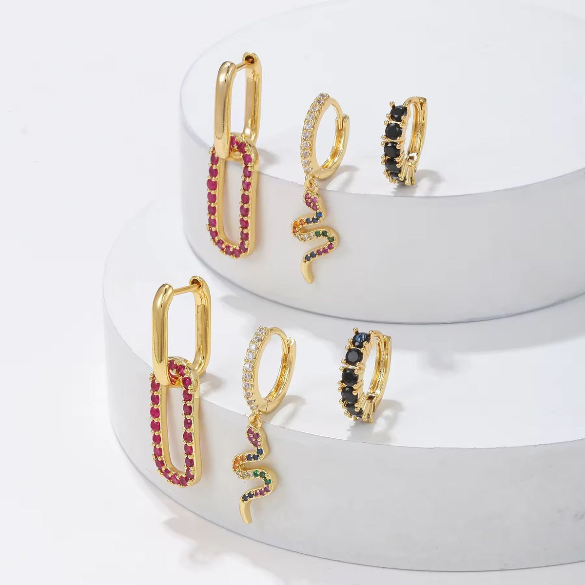 STJ02C Serpentine Gem Gold Ear Trio 6 (pair) piece Set 18k gold copper plated