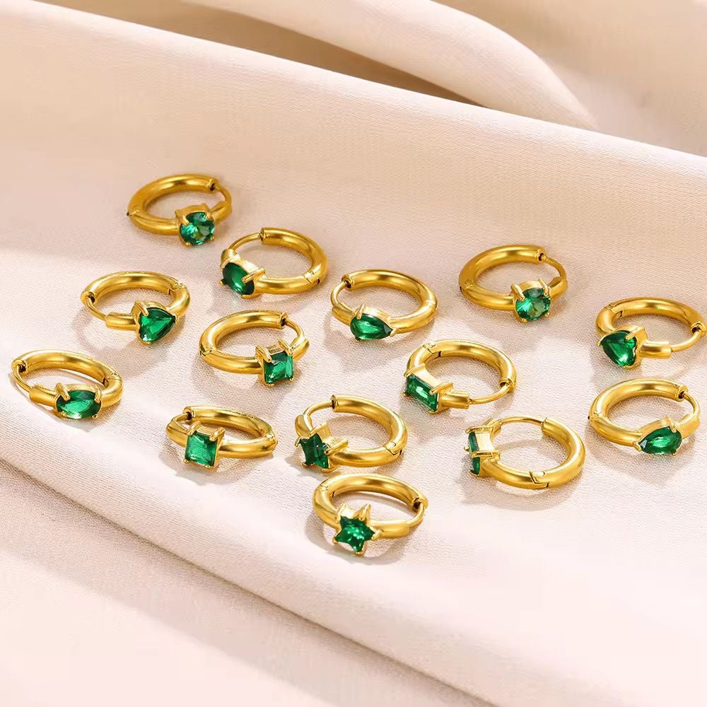 SJ 511 - Round Emerald zircon huggie Earring - 18k Gold PVD plated stainless steel - Anti tarnish