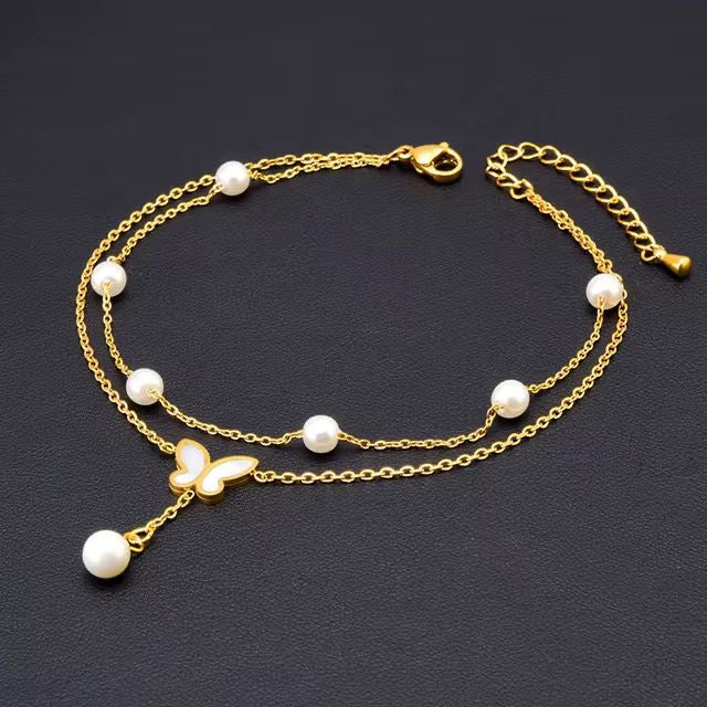 SJ 710 Butterfly Double layer Dangling Anklet - 18k Gold PVD plated stainless steel - Anti tarnish