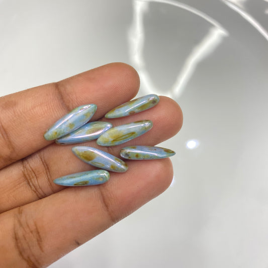 AB116E Czech pressed Glass Dagger Beads Opaque Chalk White Blue Brown Marble Luster -(1PC)