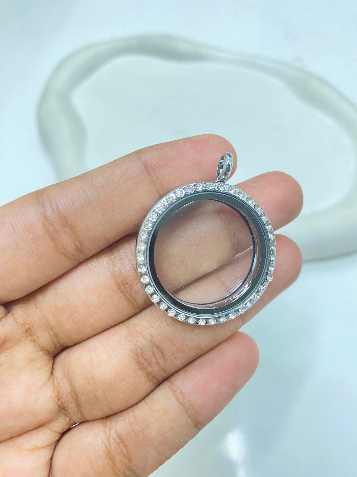 FL 2545 Zircon Silver Floating Glass Locket silver plated alloy ( 1 pc ) - anti tarnish