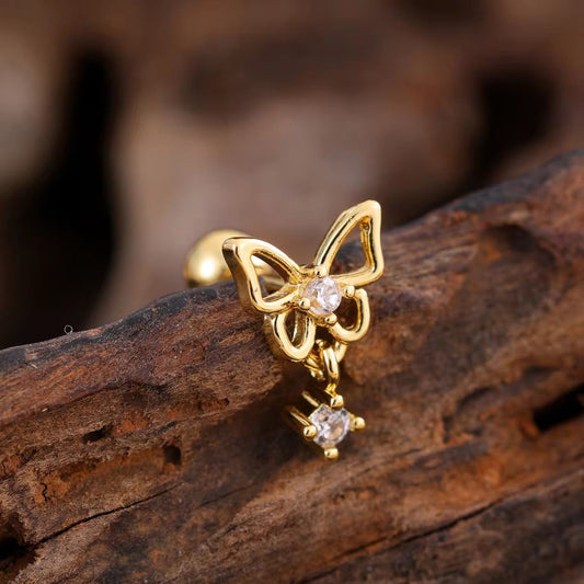 SJ 553 Butterfly drop Zircon Cartilage 2nd piercing stud ( 1 pc )- 18k Gold PVD plated stainless steel - Anti tarnish