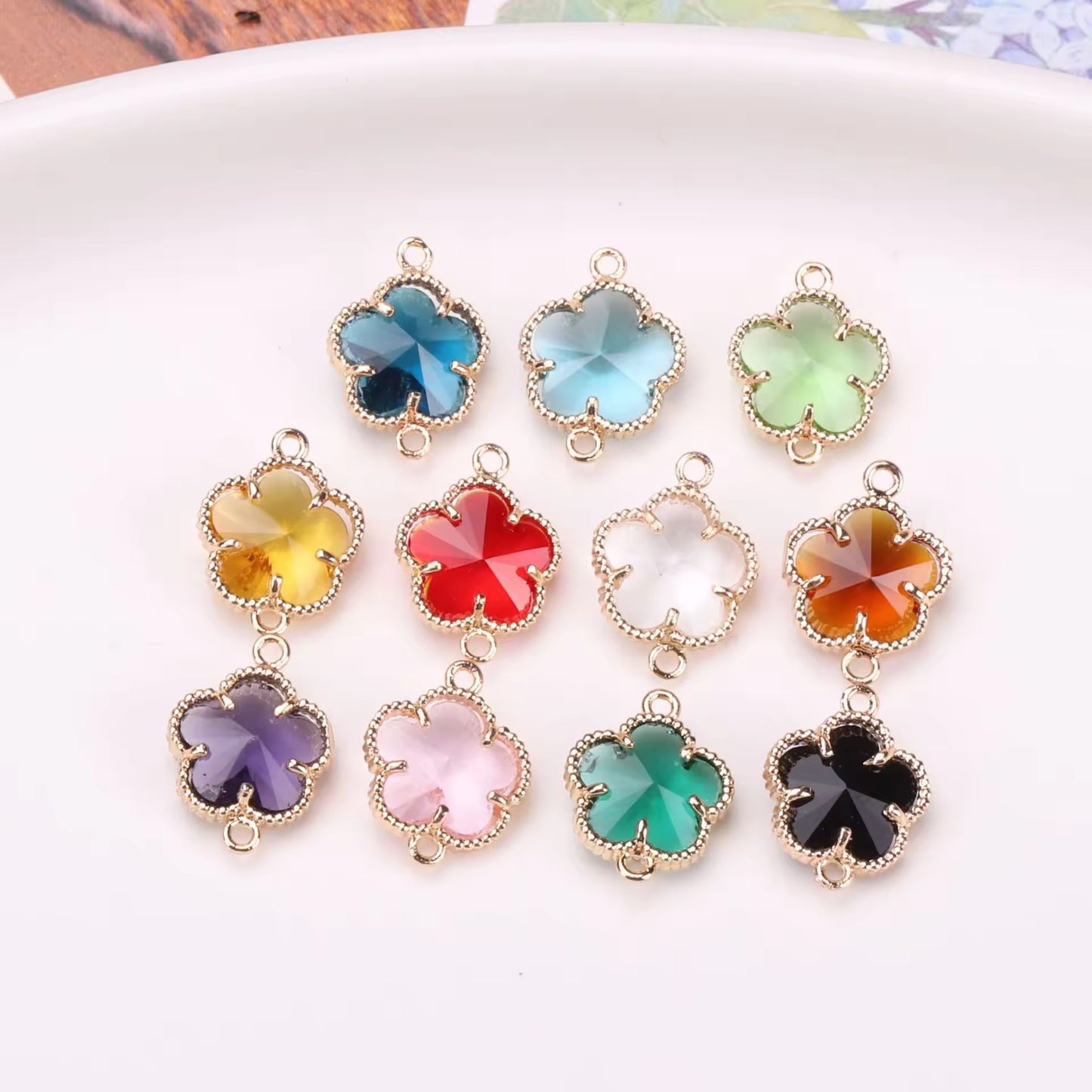 BBB 207 (d) Sea Blue Plum Blossom 14k gold plated Zircon Crystal Connector ( 1 pc ) Anti tarnish ( 11:7 mm )