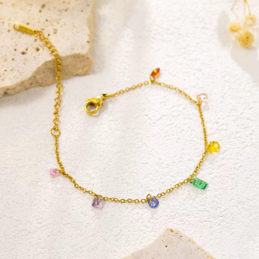 AKJ02F Multi colour stone dainty Anklet - 18k Gold PVD plated
