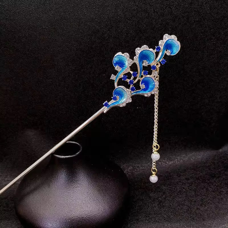 HA 24 Blue Hair Stick with Dangling Tassel Drop - Retro korean Style ( 1 pc )