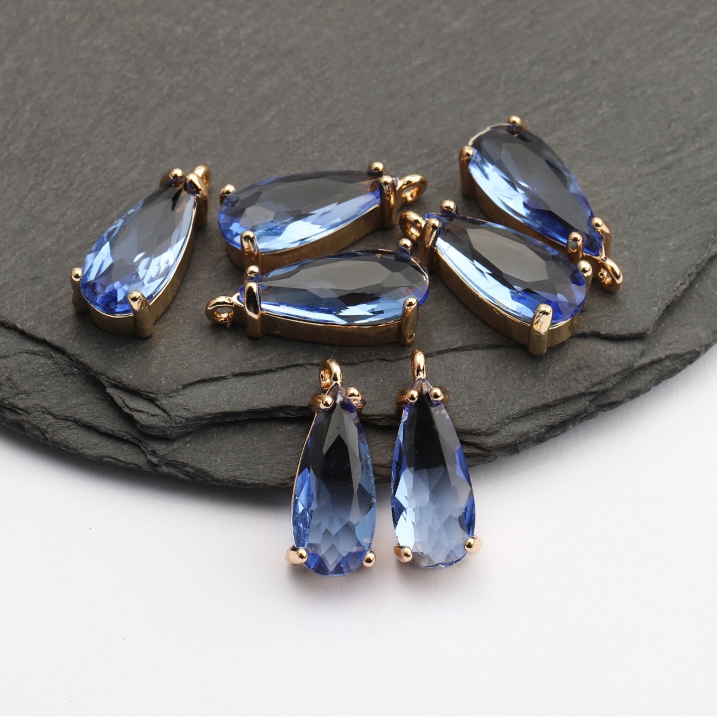 BBB 143 (B) Blue zircon crystal teardrop charm gold plated ( 1 pc ) Anti tarnish ( 16:7.5 mm )
