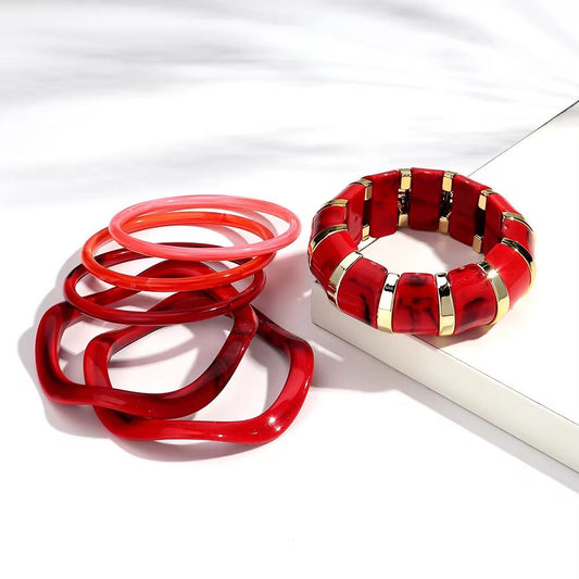 RJ 11 Red Mixed Chunky Irregular bracelet Set ( 6 piece / set ) - Anti tarnish