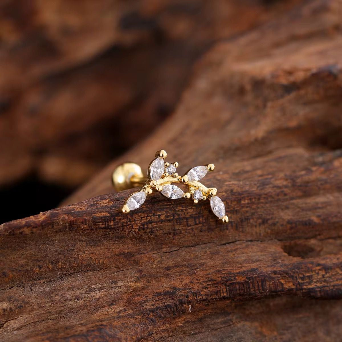 SJ 928 leaf Zircon kids / 2nd Piercing Stud ( 1 pc ) - 18k Gold PVD plated stainless steel - Anti tarnish