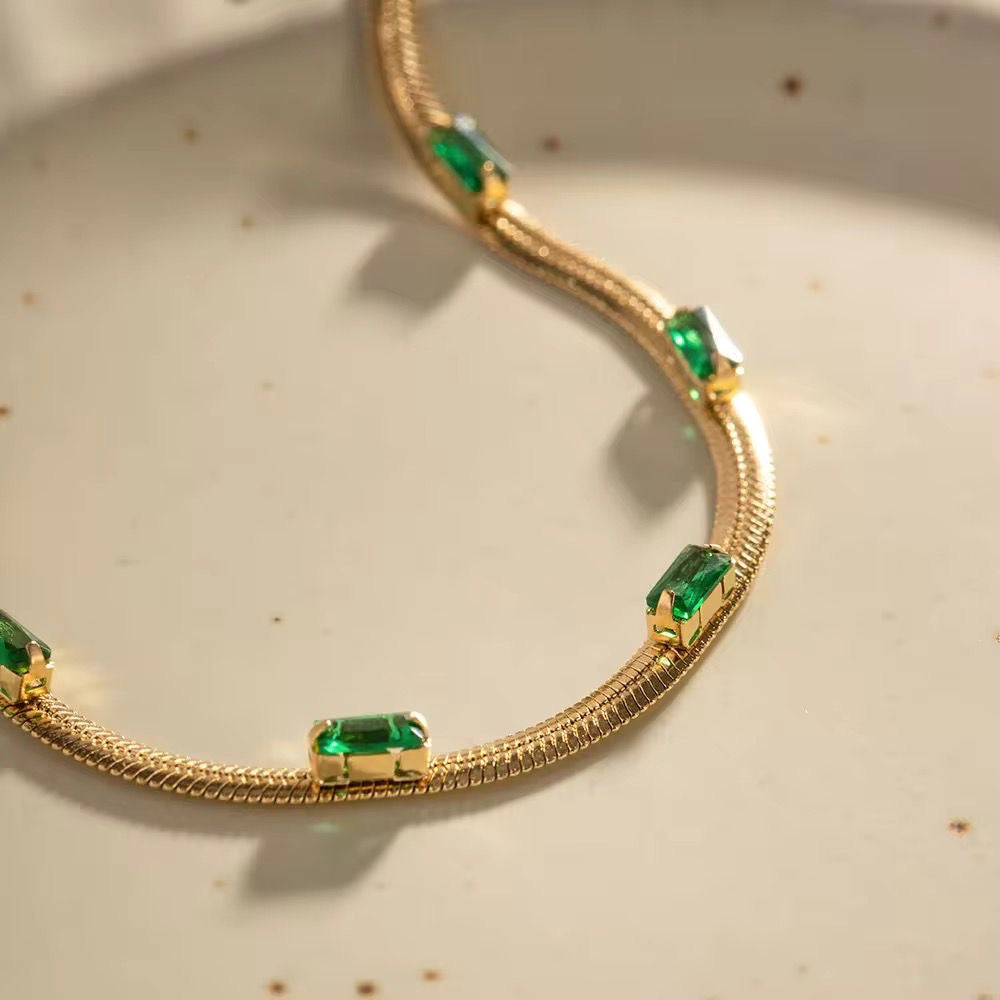 SJ 738 Emerald Zircon Snake chain dainty Bracelet - 18k Gold PVD plated stainless steel - Anti tarnish