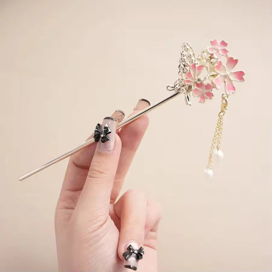 HA 09 Sakura Flower Hair Stick with Dangling Tassel Drop - Retro korean Style ( 1 pc )