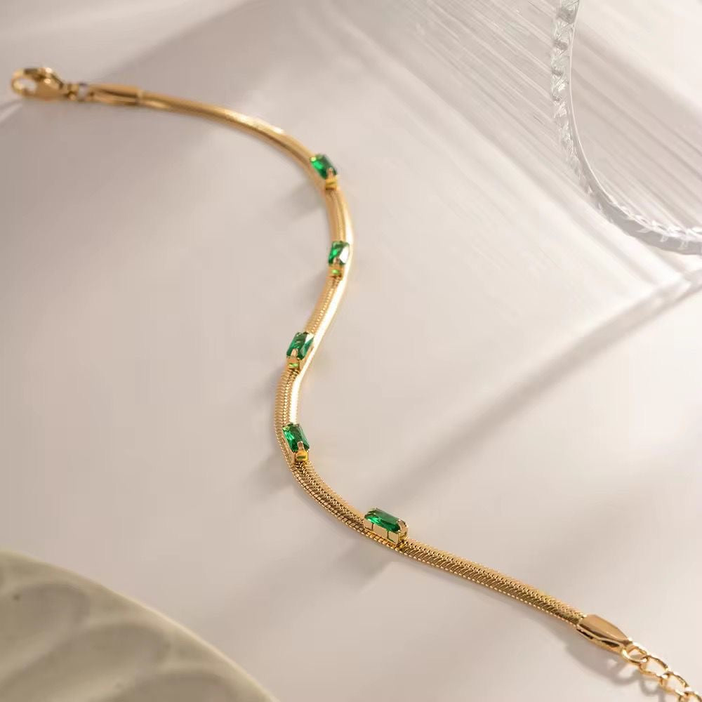 SJ 738 Emerald Zircon Snake chain dainty Bracelet - 18k Gold PVD plated stainless steel - Anti tarnish