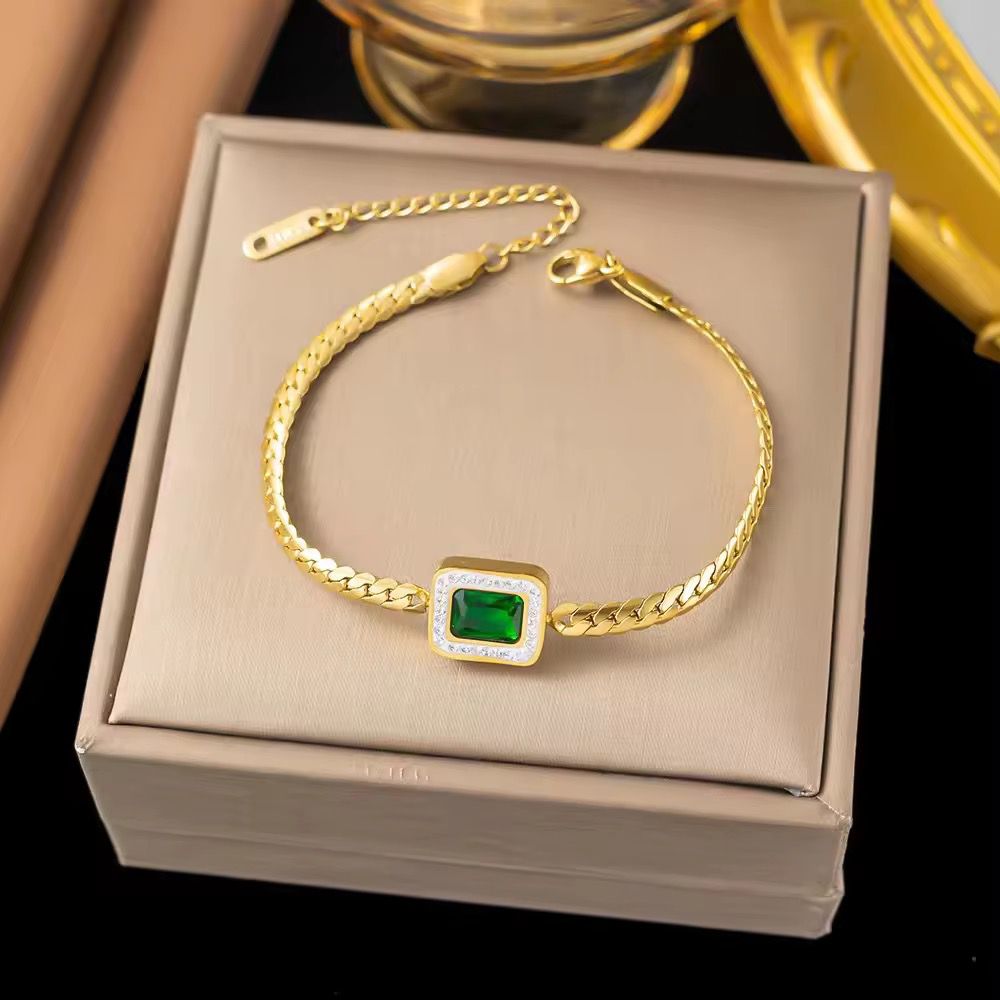 SJ 523 Rectangle emerald zircon snake chain bracelet - 18k Gold PVD plated stainless steel - Anti tarnis