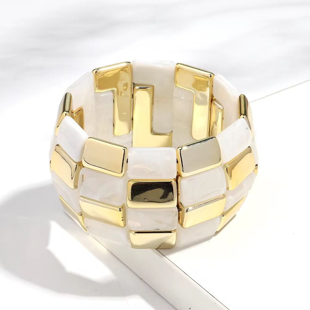 SJ 630 white Marble Spliced Geometric Resin Bead Bracelet - Anti tarnish