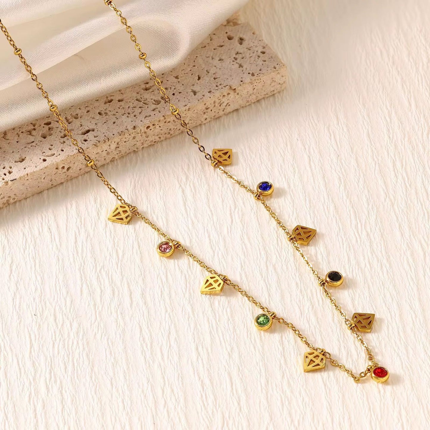 SJ 1049 Diamond Colourful Zircon dainty Necklace - 18k Gold PVD plated stainless steel - Anti tarnish