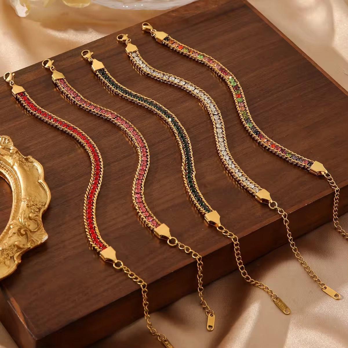 SJ 403 Pink Zircon Diamond chain bracelet - 18k Gold PVD plated stainless steel - Anti tarnish - Wholesale