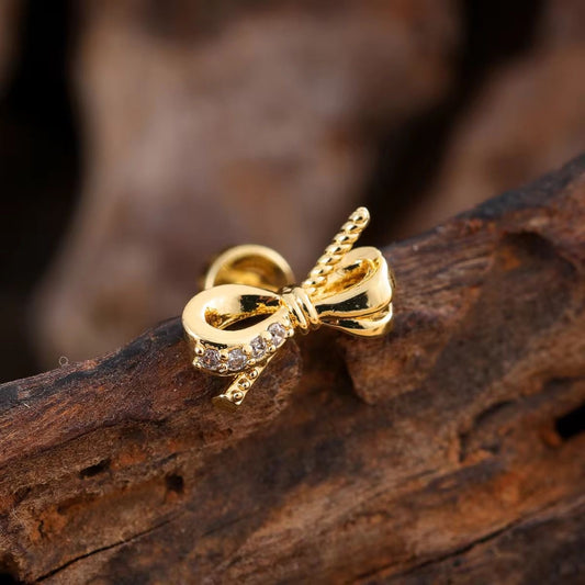 SJ 554 Ribbon bow Zircon Cartilage 2nd piercing stud ( 1 pc )- 18k Gold PVD plated stainless steel - Anti tarnish