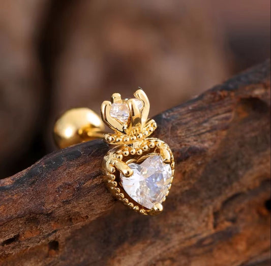 SJ 557 Heart Crown Zircon Cartilage 2nd piercing stud ( 1 pc )- 18k Gold PVD plated stainless steel - Anti tarnish