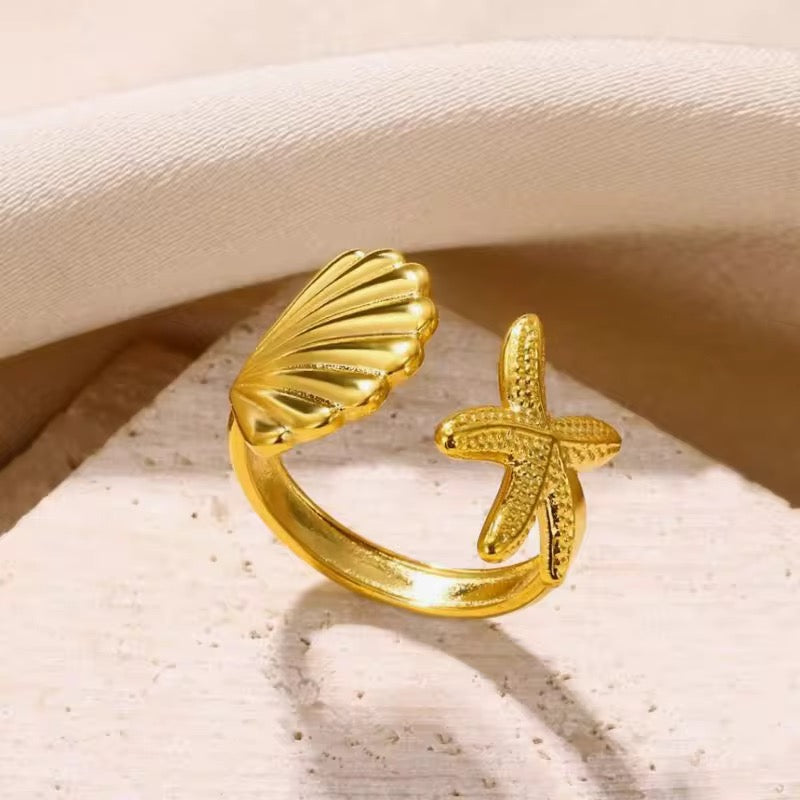 SS 254 Star shell ring adjustable- 18k gold plated stainless steel - Anti tarnish - Wholesale