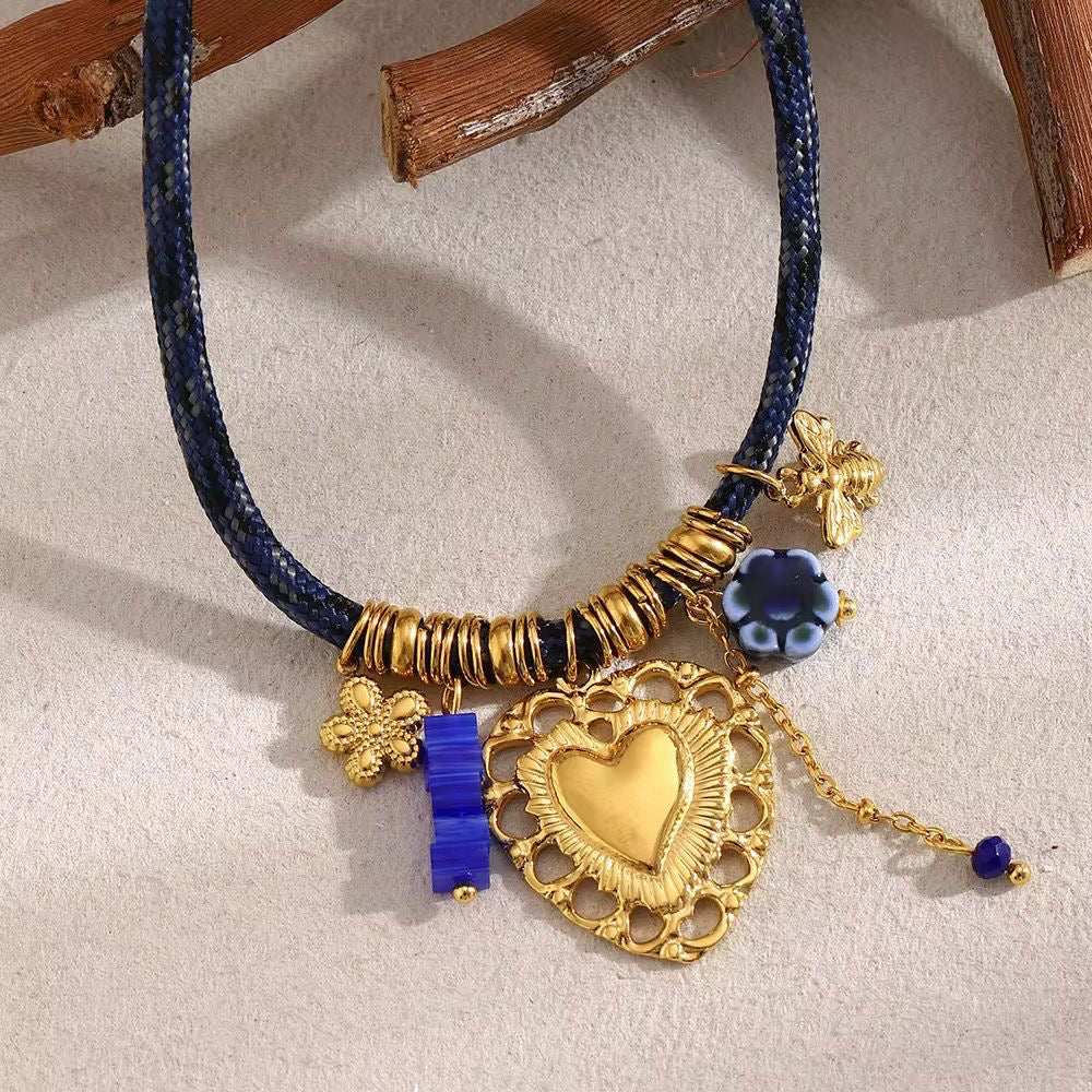 SJ 969 Heart Charms Woven Thread Necklace - Premium jewellery- 18k Gold PVD plated stainless steel - Anti tarnish